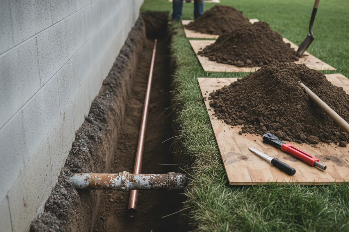 Excavated water line trench during Sewer Line Repair in Desert Hot Springs